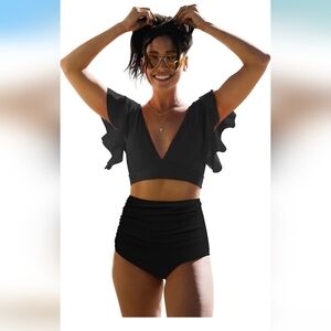 Brand New Sporlike Black Ruffle Sleeve Bikini Set #62